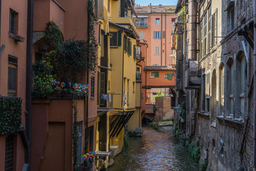 An hidden water canal in downtown Bologna, Italy