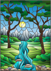 Naklejki  Illustration in stained glass style with a rocky Creek in the background of the Sunny sky, mountains, trees and fields