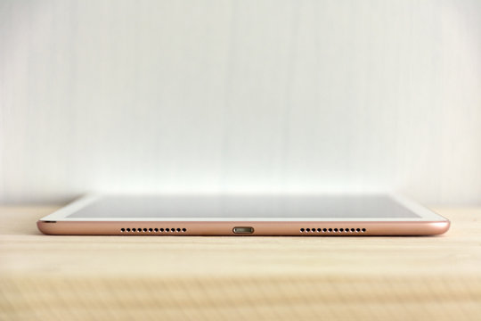 Device, Tablet, Laptop On Wooden Table, Shelf, Side View, Connectors