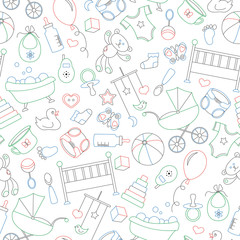 Seamless pattern on the theme of childhood and newborn babies, baby accessories and toys, simple contour icons, drawn with colored markers on white background