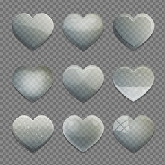 Collection of transparent glass heart shape app buttons