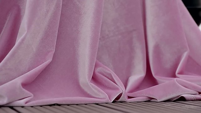 Pink Velvet Fabric Fluttering In The Wind. Close.Table Cloth, Curtain