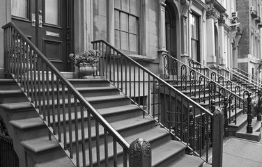 Black and white closeup of a residential street of New York, USA