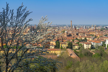 Fototapeta na wymiar Scenic cityscape with Asinelli tower in springtime, Bologna, Italy