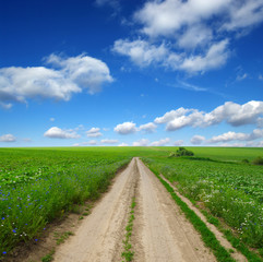 road in field and blue sky