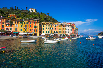 PORTOFINO, ITALY, APRIL 8, 2017 - View of Portofino, an Italian fishing village, Genoa province, Italy. A tourist place with a picturesque harbour and colorful houses
