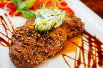 Rustic grilled beefsteak with french cheese