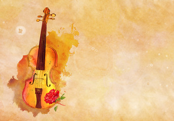 Watercolour and ink violin and rose drawing on old paper © laplateresca
