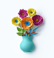 3d render, digital illustration, cute vase with colorful paper flowers bouquet inside, isolated on white background, greeting card, handmade decor, craft, decorative floral composition © wacomka