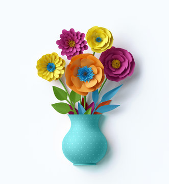 Fototapeta 3d render, digital illustration, cute vase with colorful paper flowers bouquet inside, isolated on white background, greeting card, handmade decor, craft, decorative floral composition