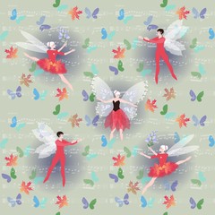 Winged ballet dancers with flowers and flying butterflies on background of musical notes. Fairy tale illustration.