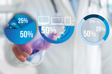 Finger of a man pointing on a blue survey graph interface - Technology concept