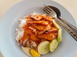 Barbecued red pork in sauce with rice