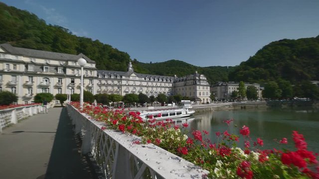 Bad Ems is a healing spa with the Roman source at the River Lahn, Germany, Europe, Aug 2016, Dolly shot
