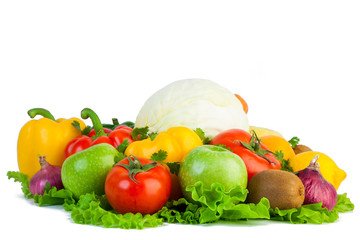 Fresh vegetables and fruits on isolated background. Cabbage, Tomato, pepper, onion, kiwi, lemon, orange, apple