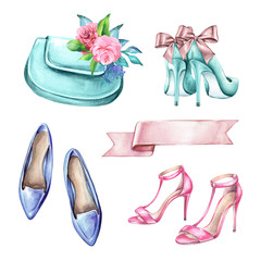watercolor fashion illustration, wedding accessories, bridal elements, shoes, bag, clip art isolated on white background