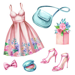 watercolor wedding fashion illustration, festive accessories, bridal elements, woman summer look, clothes clip art isolated on white background