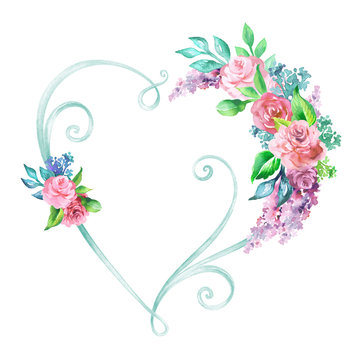 watercolor illustration, floral heart frame, decorative shape, wedding flower decor, clip art isolated on white background