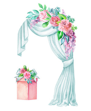 Watercolor Wedding Illustration, Decorative Arch, Window Curtain, Drapery, Flower Garland Decoration, Gift Box, Clip Art Isolated On White Background