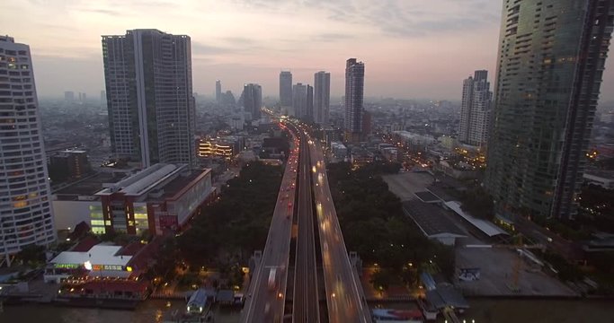 Aerial Hyperlapse of Traffic on Chao Phraya Bridge, Bangkok, Thailand
