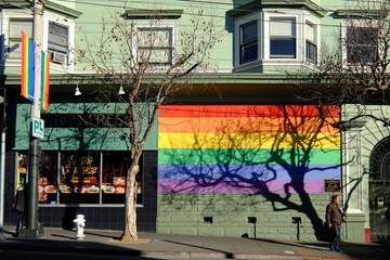 Rainbow flags in Castro aera San Franscisco - obrazy, fototapety, plakaty