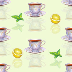 Seamless pattern with watercolor porcelain tea cups, lemon and mint leaves on light green  background