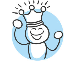 Blaue Strichfigur mit Krone auf dem Kopf freut sich über einen Sieg