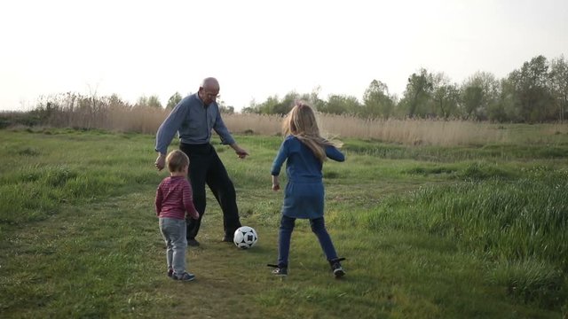 Toddler boy playing soccer with family outdoors