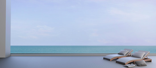 Fototapeta na wymiar Beach lounge Minimal and Sundeck on seascape Clean sky beautiful / 3d rendering