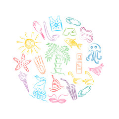 Colorful Hand Drawn Summer Symbols. Doodle Boats, Ice cream, Palms, Hat, Umbrella, Jellyfish, Cocktail, Sun Arranged in a Circle. Vector Illustration.