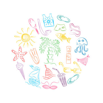 Colorful Hand Drawn Summer Symbols. Doodle Boats, Ice cream, Palms, Hat, Umbrella, Jellyfish, Cocktail, Sun Arranged in a Circle. Vector Illustration.