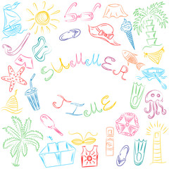 Summer Time. Hand Drawn Summer Vacancies Symbols. Colorful Doodle Boats, Ice cream, Palms, Hat, Umbrella, Jellyfish, Cocktail, Sun. Sketch Style. Vector Illustration.