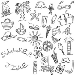 Summer Time. Hand Drawings of Summer Vacancies Symbols. Doodle Boats, Ice cream, Palms, Hat, Umbrella, Jellyfish, Cocktail, Sun. Vector Illustration.