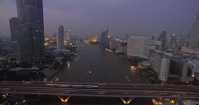 Drone Hyperlapse of Chao Phraya River Traffic, Bangkok, Thailand

