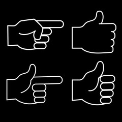 Set of 4 linear icons of hands. On a black background. Thumb up, index finger up. vector.