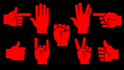 Set of flat icons of hands. 9 flat red hand icons on a black background.fist, palm, fingers. vector.