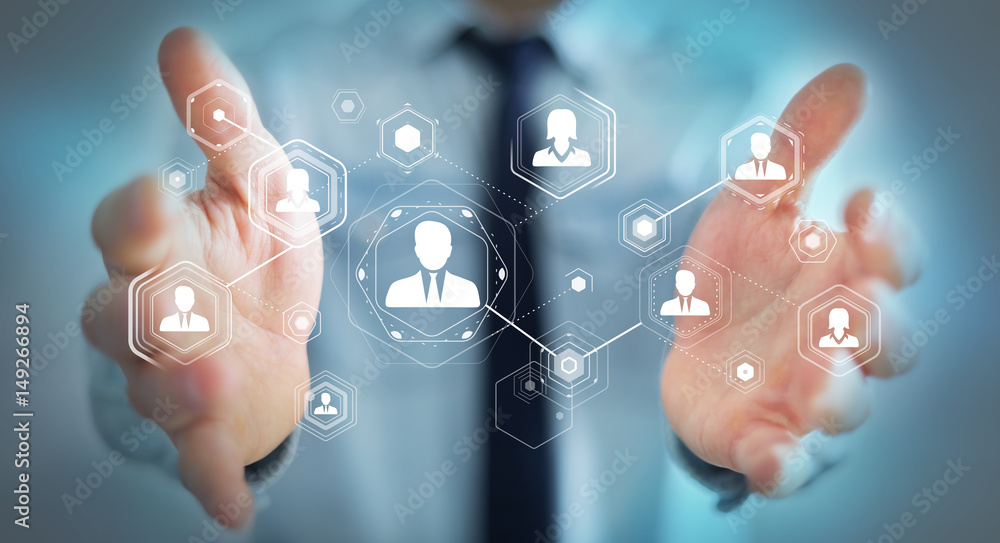 Poster Businessman using digital social network 3D rendering