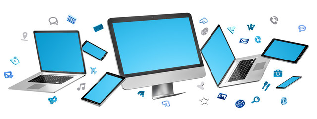 Modern computer laptop mobile phone and tablet connected to each other 3D rendering