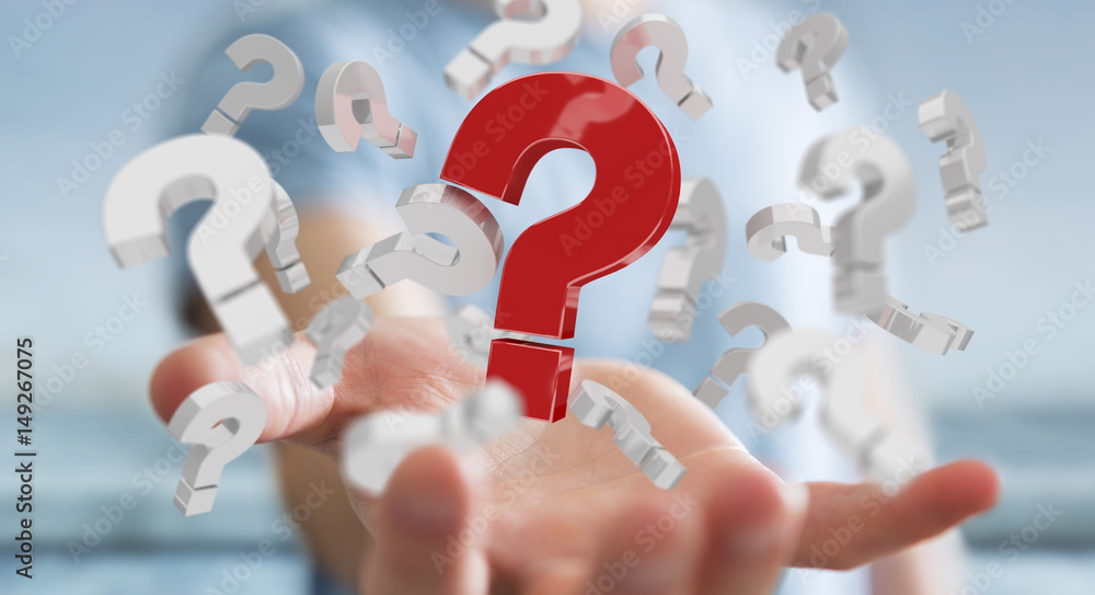Poster businessman using 3d rendering question marks