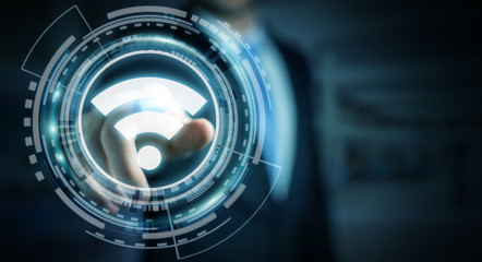 Businessman using free wifi hotspot interface 3D rendering