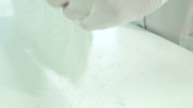 The nurse distributes the gypsum mass evenly with the palms. The doctor in the clinic on the table with his hands rolls out the bandage for fixation after fracture of the limb. A doctor in rubber