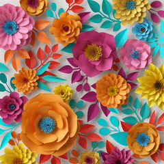 Obrazy  renderowania 3D, ilustracja cyfrowa, kolorowe papierowe kwiaty tapety, tło wiosna lato, bukiet kwiatowy na białym tle, żywe kolory, mięta różowy pomarańczowy żółty
