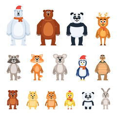 Set of diverse animal characters. Funny polar bear, brown bear, panda, reindeer, raccoon, fox, koala, penguin, turtle, hamster, chicken, rabbit and other animals. Simple style vector illustration
