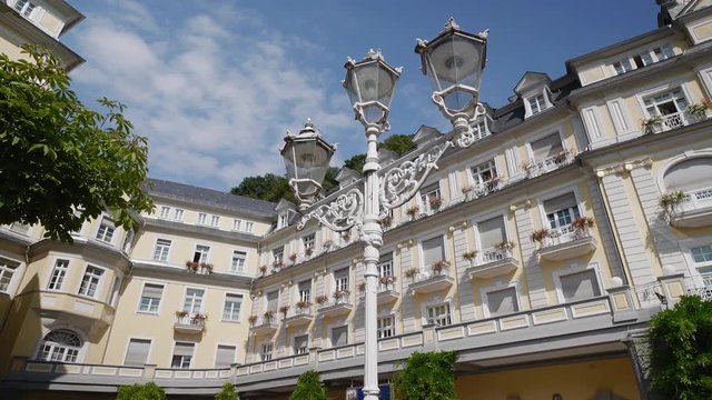 Bad Ems is a healing spa with the Roman source at the River Lahn, Germany, Europe, Aug 2016, Dolly shot