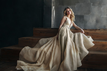 Fashion model in long dress on the metal background