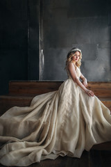 Fashion model in long dress with crown on the metal background © vickyrandom