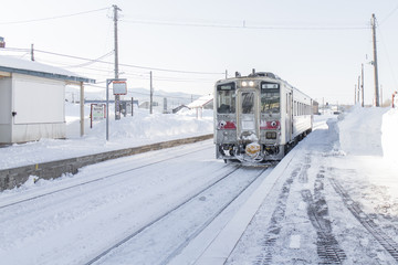 HOKKAIDO, JAPAN-JAN. 31, 2016: A train is approaching the train station in Hokkaido.