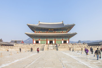 SEOUL, SOUTH KOREA - 17 Jan 2017 : Gyeongbokgung palace, famous destination ancient traditional korean style palace for tourists in Seoul, South Korea