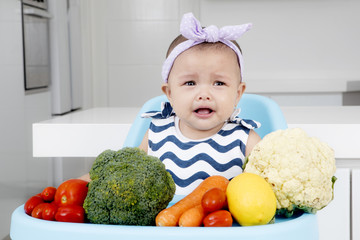 Baby girl sitting with vegetables