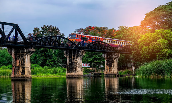 The train is running on the World War II bridge in Kanchanaburi.